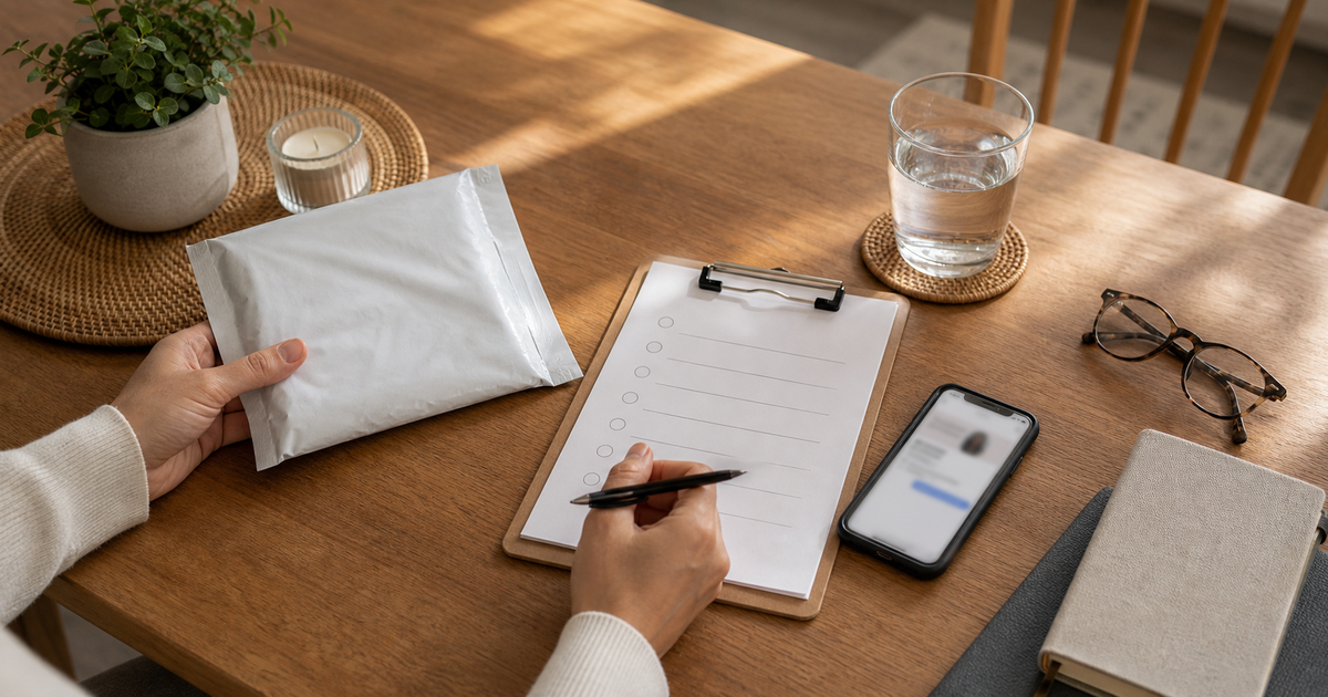 Hands reviewing a provider checklist beside a discreet sealed mailer