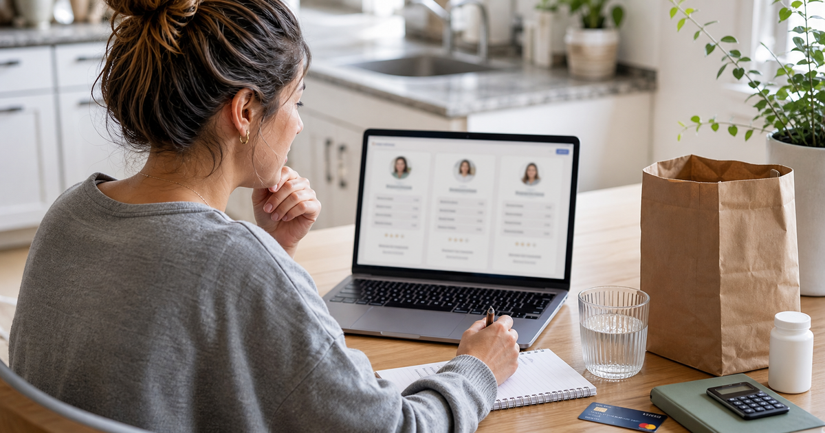 Patient comparing online semaglutide provider options on a blurred laptop