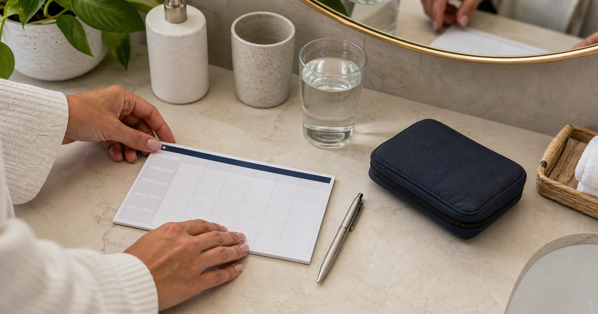 Hands arranging a weekly routine card beside a closed medication pouch