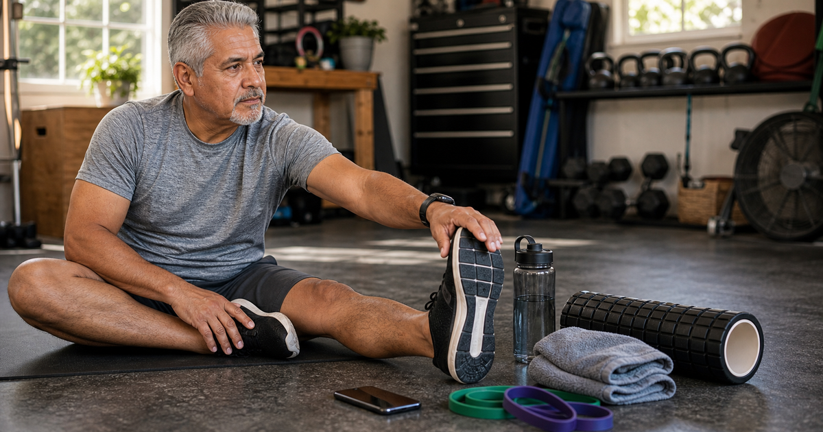 Older man stretching in a home fitness area with recovery tools