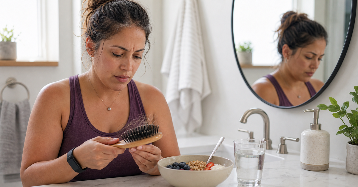 Woman checking a hairbrush beside breakfast and hydration cues