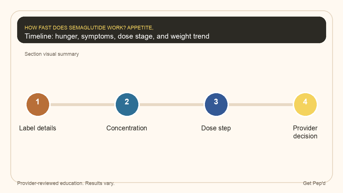 Diagram for timeline: hunger, symptoms, dose stage, and weight trend