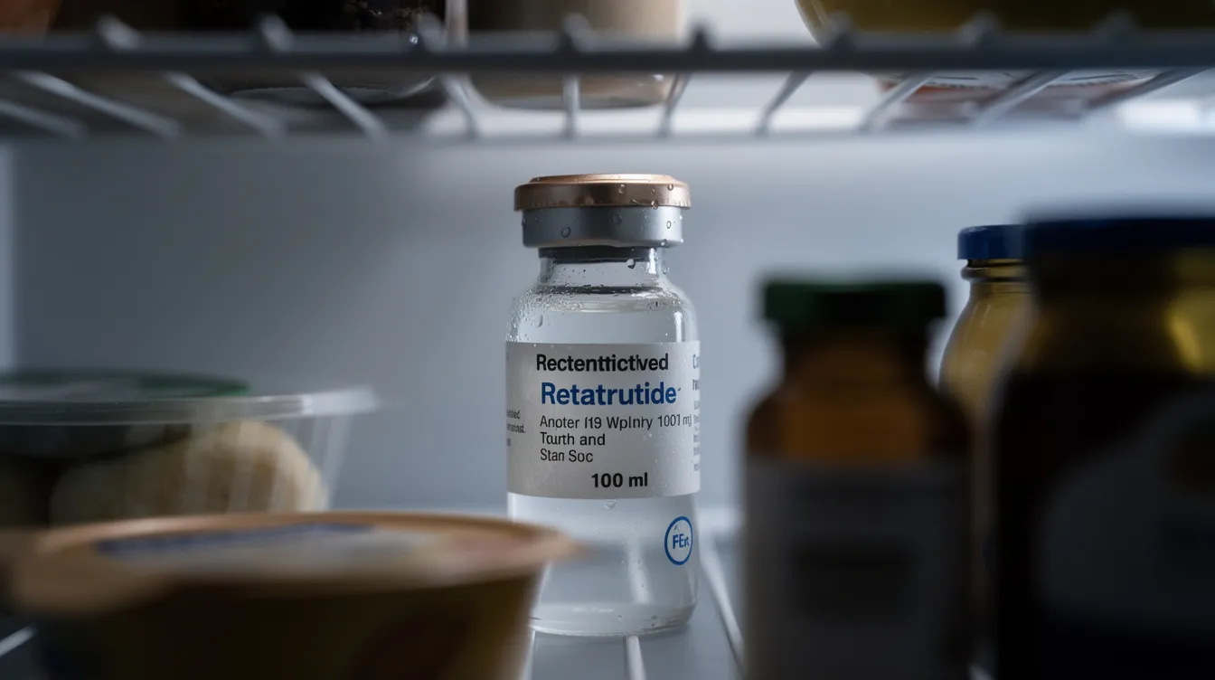 The image depicts a sterile vial of reconstituted retatrutide stored in the back of a refrigerator, shielded from direct light to maintain peptide stability and prevent degradation. Proper storage guidelines emphasize keeping the reconstituted peptide solution away from temperature swings and moisture to ensure its effectiveness.