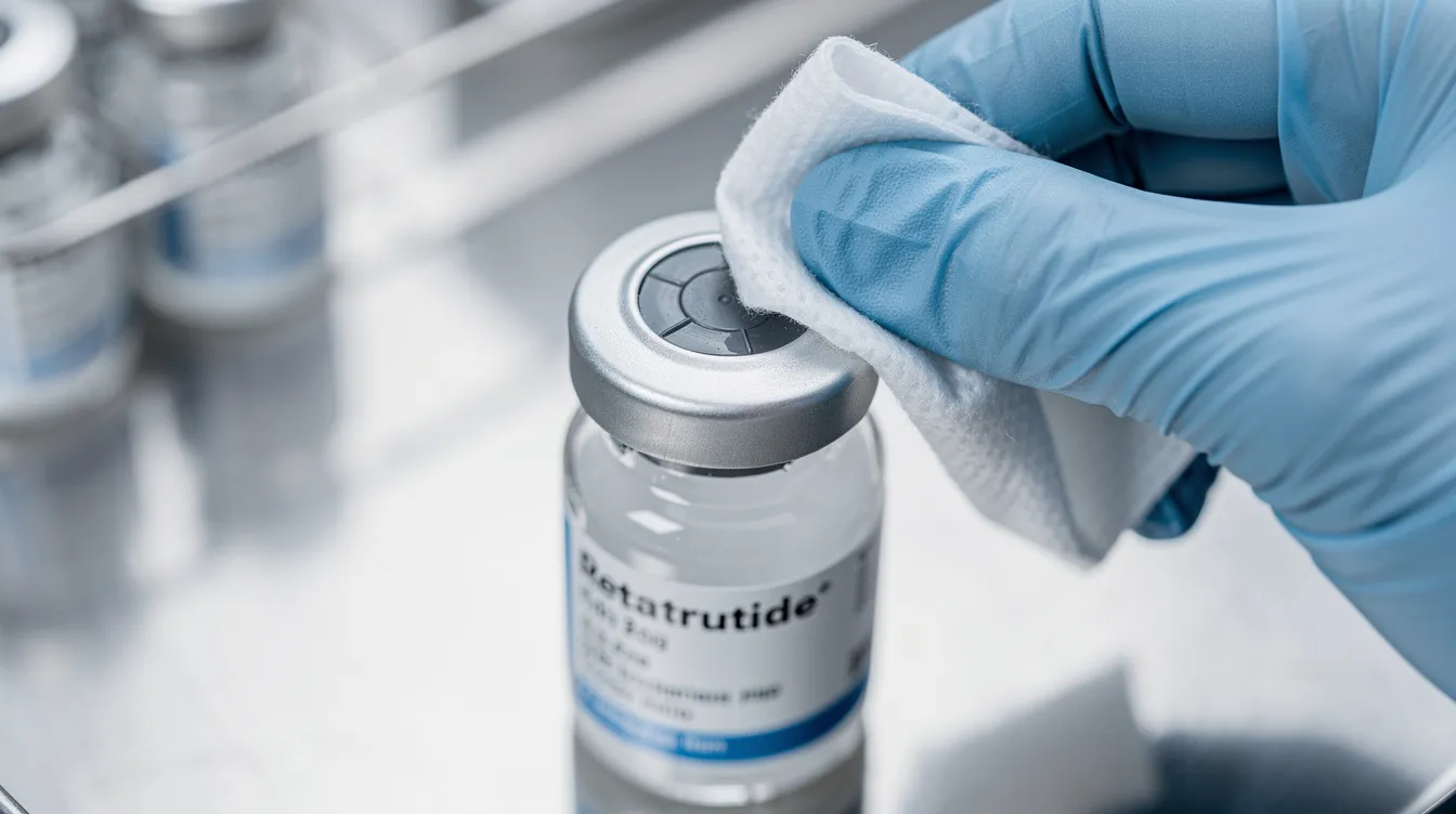The image shows the top of a sterile vial of retatrutide being cleaned with an alcohol wipe, emphasizing the importance of proper handling to prevent contamination risk during the reconstitution process of the injectable solution. This step is crucial for maintaining peptide stability and ensuring the safety of the reconstituted peptide solution.