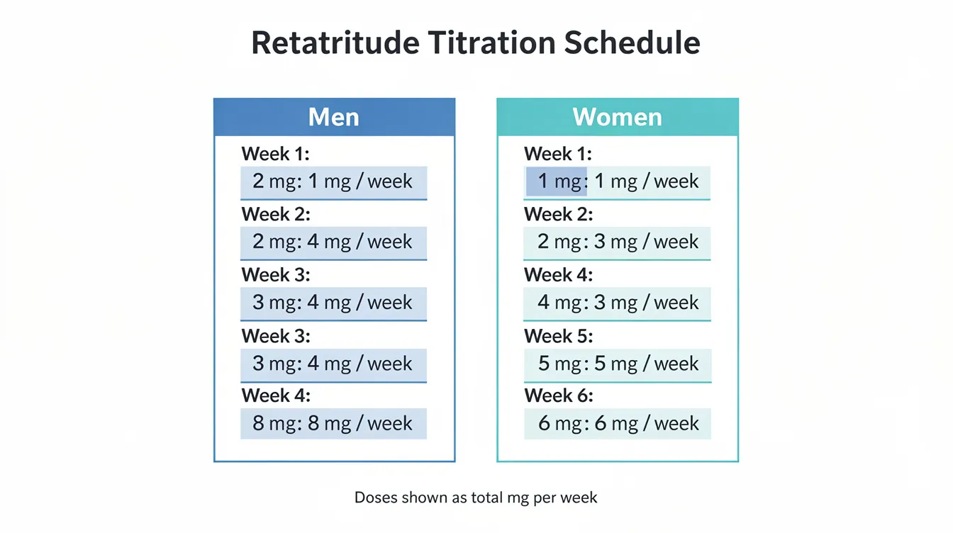 The image depicts a titration schedule for retatrutide, with a uniform layout showing men starting at a dose of 2mg per week and gradually increasing by 2mg until reaching a maximum dose of 8mg, while women start at 1mg per week and increase by 1mg until they achieve a target maintenance dose of 6mg. This chart illustrates the gradual dose escalation process, emphasizing the importance of individualized dosing for effective weight management and metabolic health.