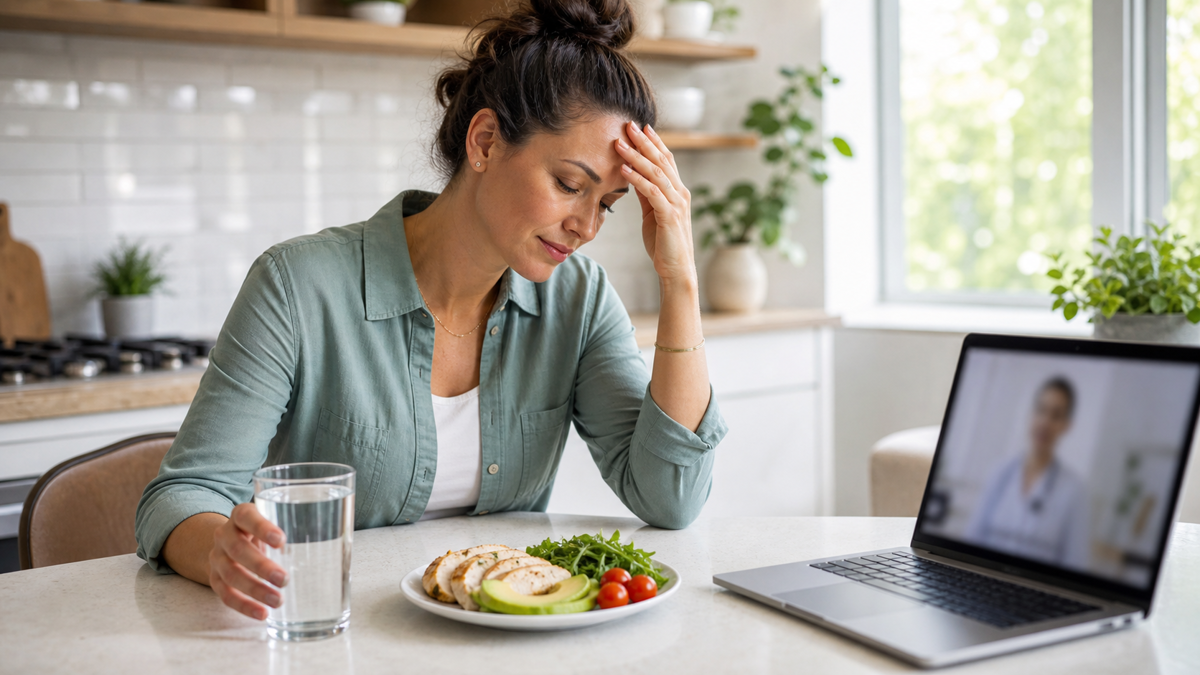 Woman managing a mild headache with water, a protein meal, and telehealth support
