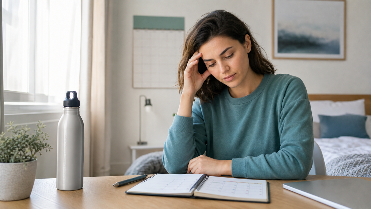 Woman with a mild headache tracking symptoms beside a water bottle