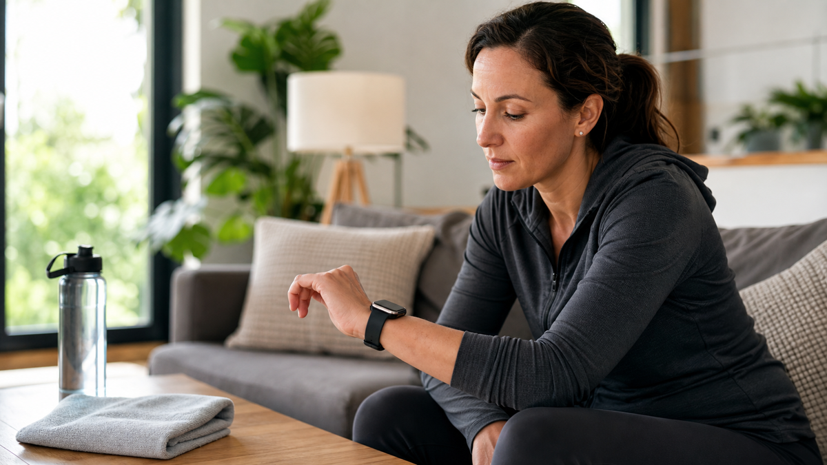 Woman checking a smartwatch for heart rate monitoring during retatrutide side effect tracking