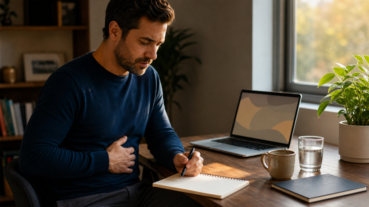 Man tracking digestive retatrutide side effects with water and a blank symptom notebook