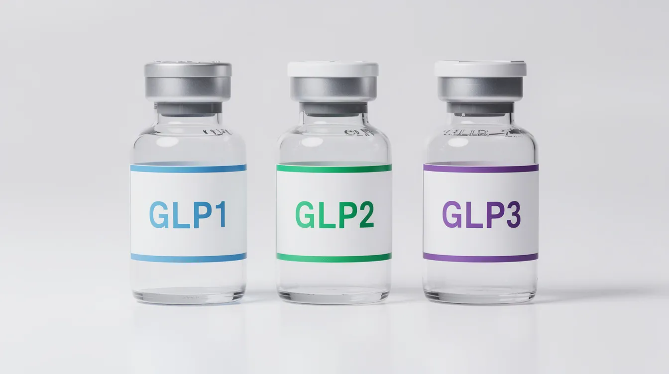 The image depicts three vials labeled GLP1, GLP2, and GLP3, which are weight loss medications used in chronic weight management. Each vial is distinct, representing different active ingredients that may enhance insulin secretion and regulate appetite for improved metabolic health.