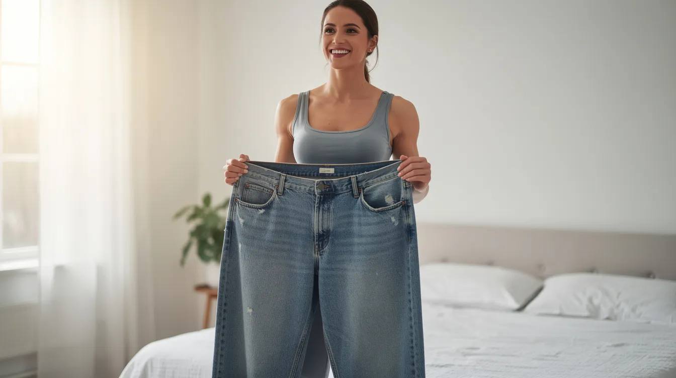 The image depicts a joyful woman holding up an old pair of oversized jeans, symbolizing her successful weight loss journey and improved body weight. Her expression reflects happiness and confidence, highlighting the positive impact of weight management and potential weight loss treatments on mental health.
