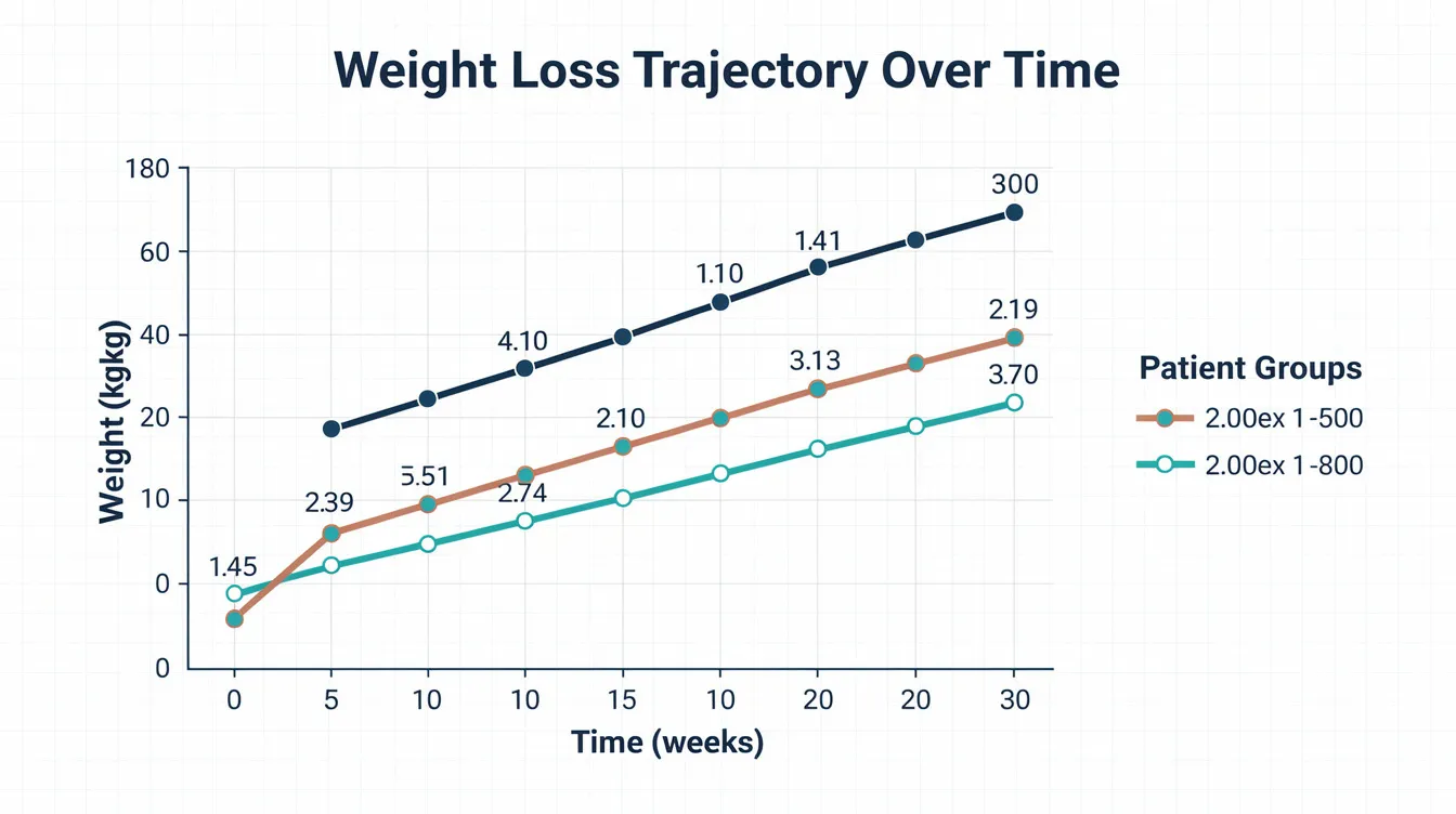 The image is a clinical comparison chart illustrating the weight loss trajectory over time for different weight loss drugs, including tirzepatide and retatrutide. It highlights significant weight reduction results from clinical trials, emphasizing their effects on body weight, appetite suppression, and blood sugar control in chronic weight management.