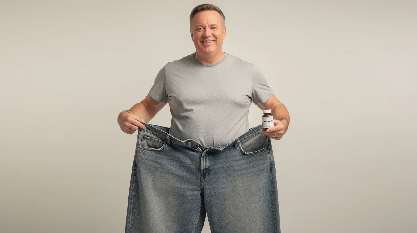 A happy man holds up a larger pair of jeans, showcasing his significant weight loss achieved through the use of retatrutide, an investigational drug for chronic weight management. His expression reflects joy and satisfaction, highlighting the positive results from his weight reduction journey.