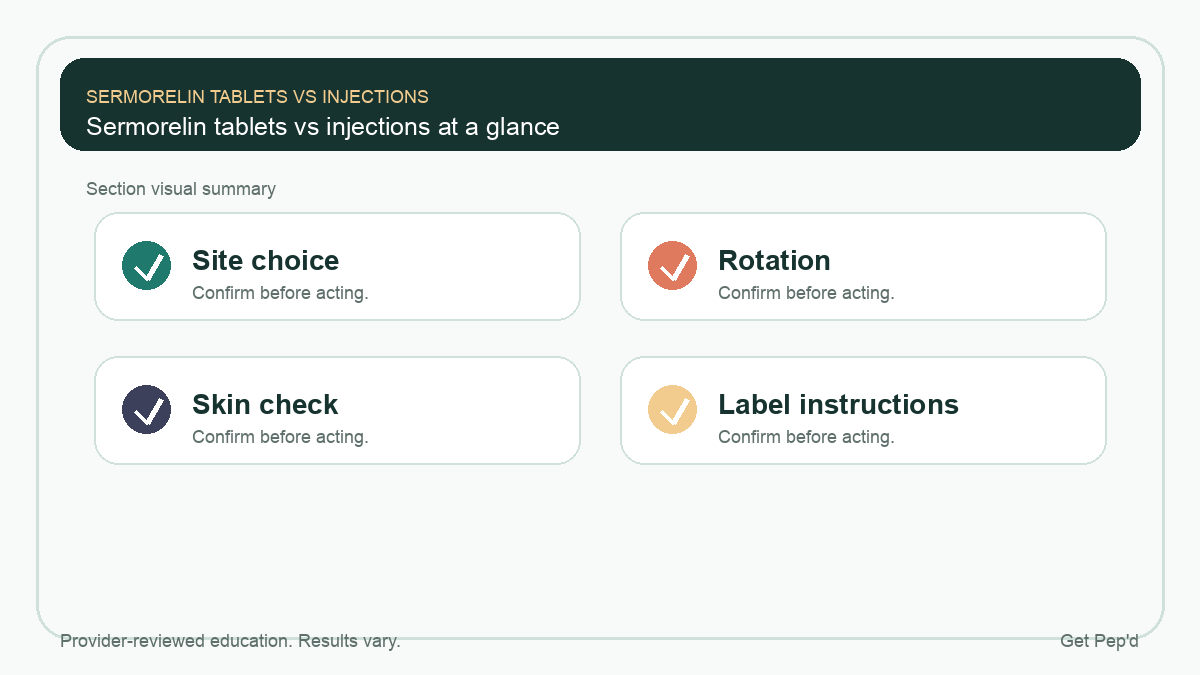 Diagram for sermorelin tablets vs injections at a glance