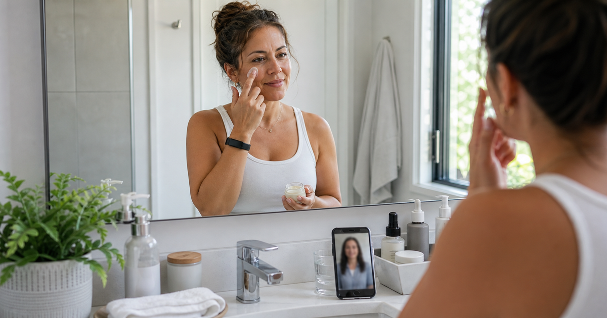 Woman reviewing a skincare routine with a blurred provider message