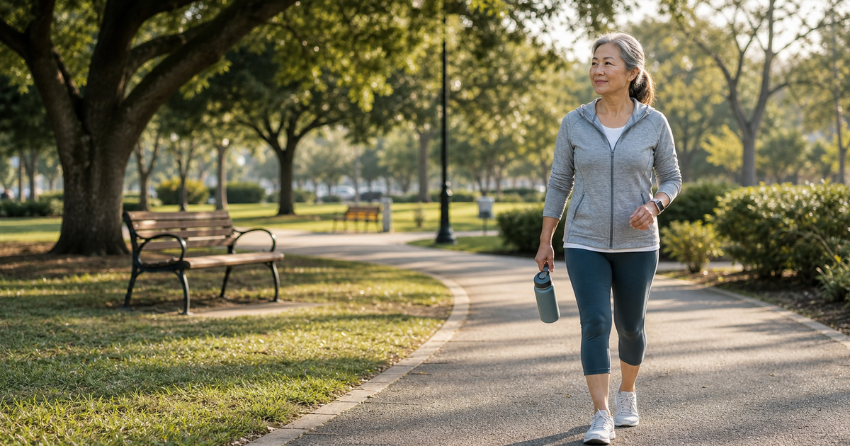 Older woman walking through a park with water and fitness watch