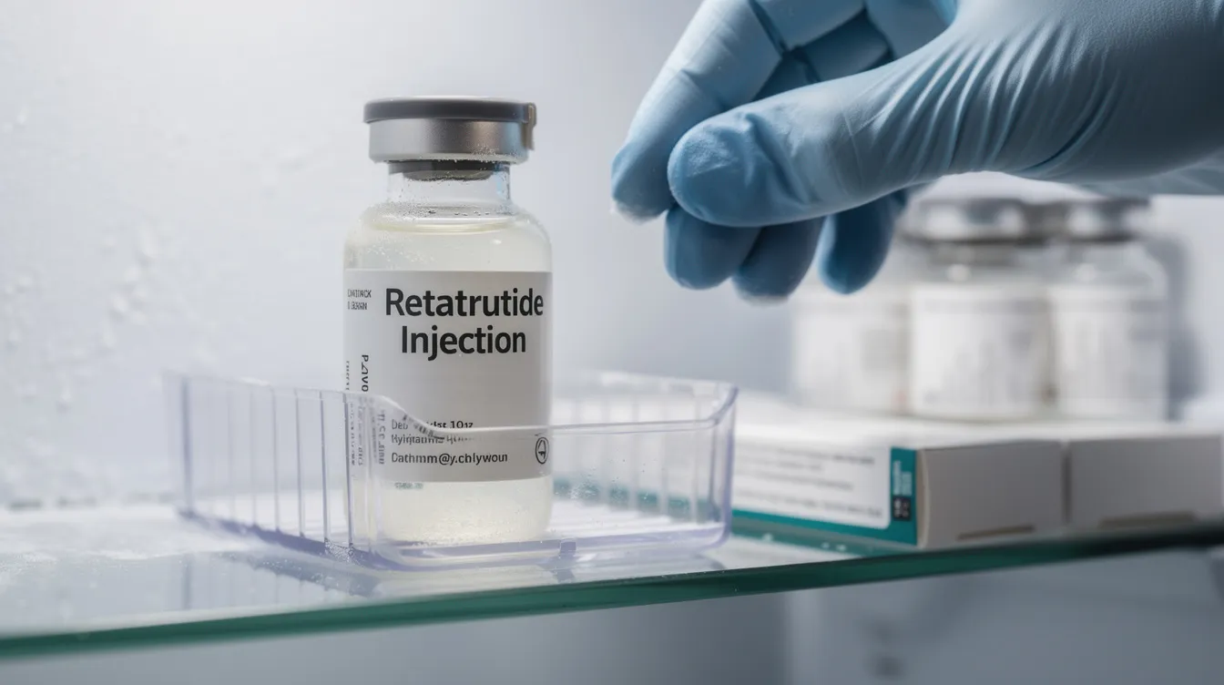 The image shows a sterile vial of reconstituted retatrutide being carefully stored in a refrigerator, highlighting the importance of proper storage to maintain peptide stability and prevent degradation. The vial is protected from direct light and moisture ingress, ensuring optimal conditions for the reconstituted peptide solution.