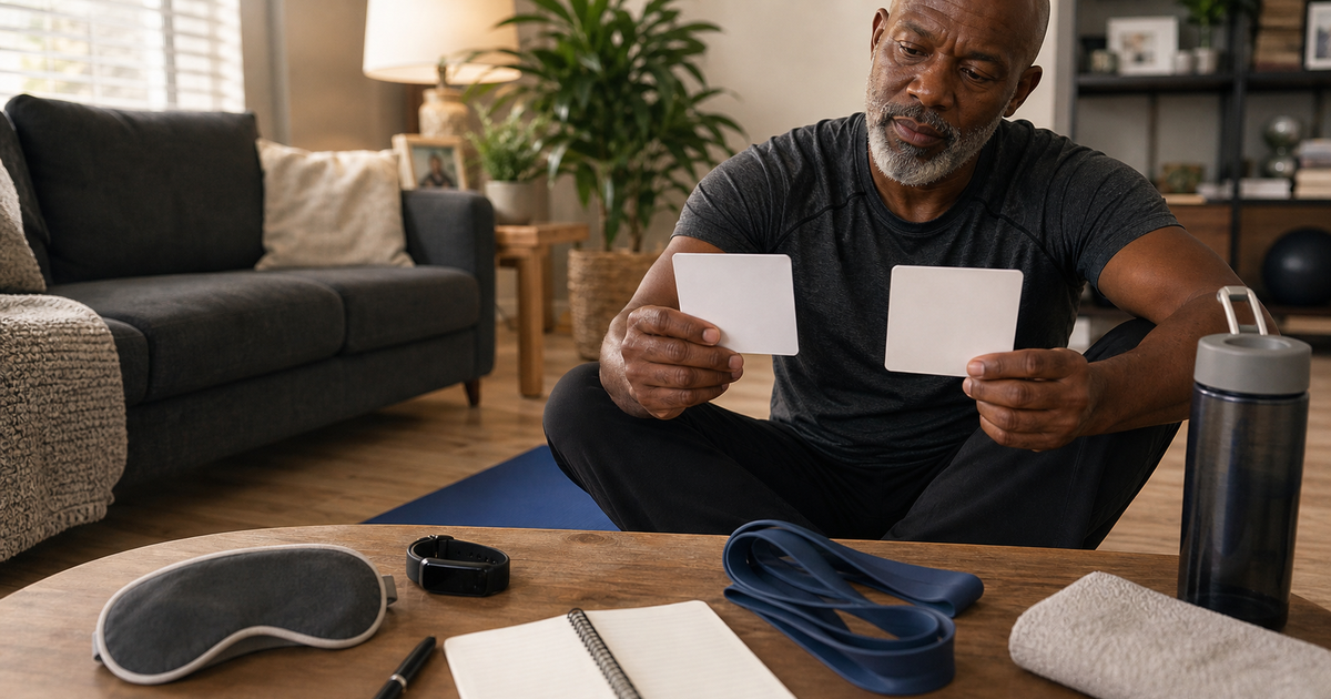 Man comparing recovery and sleep-tracking cues on a coffee table