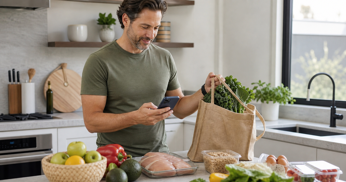 Man unpacking groceries while checking a provider follow-up message
