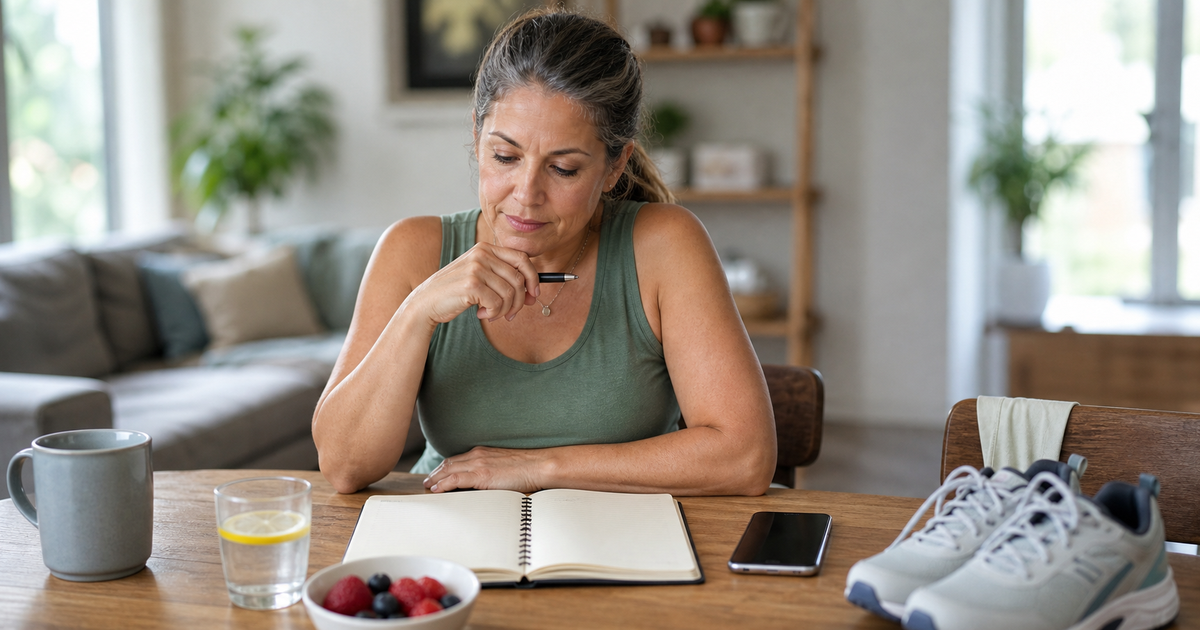 Woman reviewing a progress journal beside walking shoes and breakfast