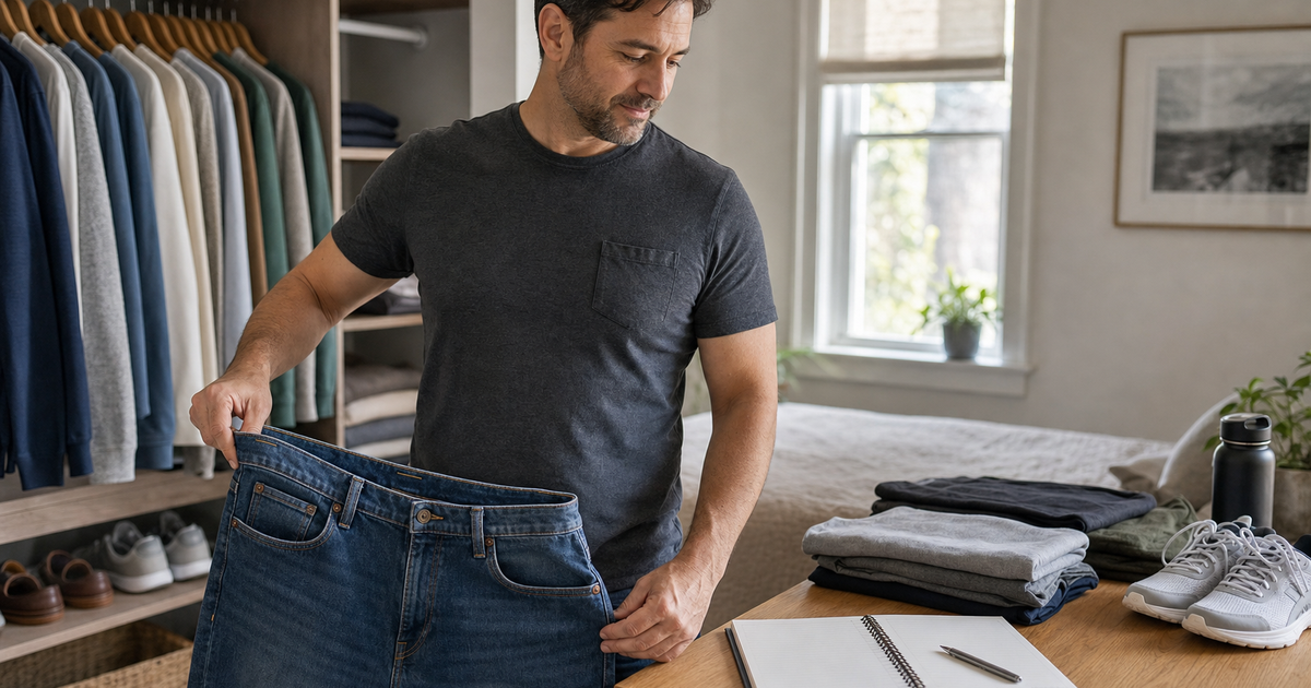 Man checking clothing fit beside walking shoes and a progress journal
