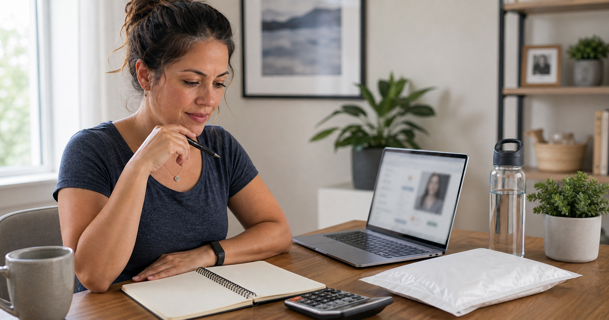 Woman reviewing retatrutide cost planning with a blank budget notebook