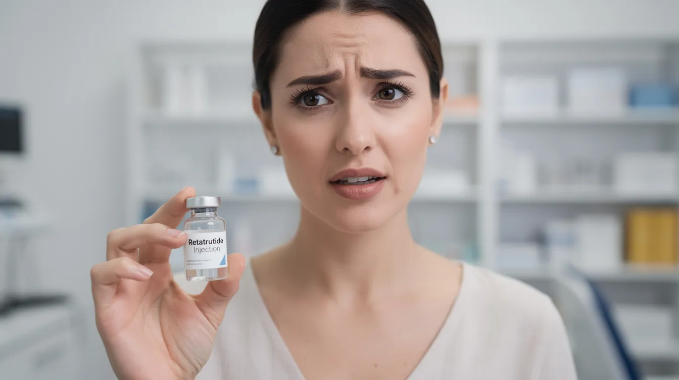 A woman with a slightly confused expression holds a vial of retatrutide, contemplating its role in her weight management journey. The image suggests the complexities of the retatrutide dosage chart, including starting doses, gradual dose escalation, and the potential for significant weight loss results.