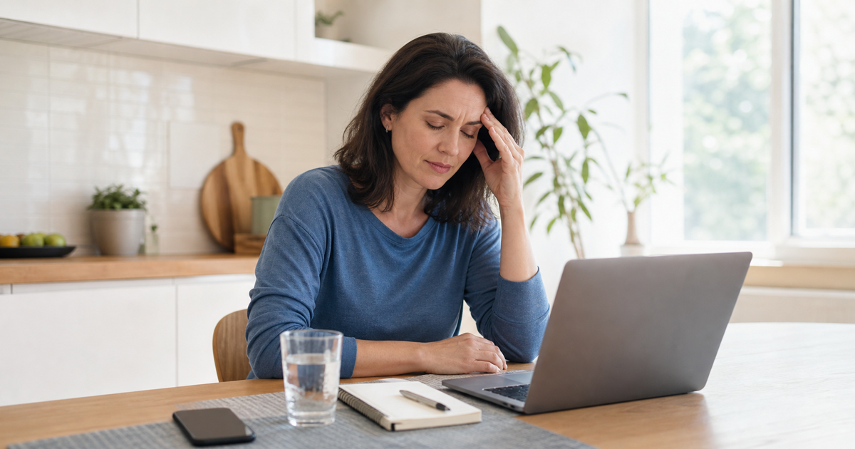 Woman with a mild headache reviewing a telehealth plan beside water and a notebook