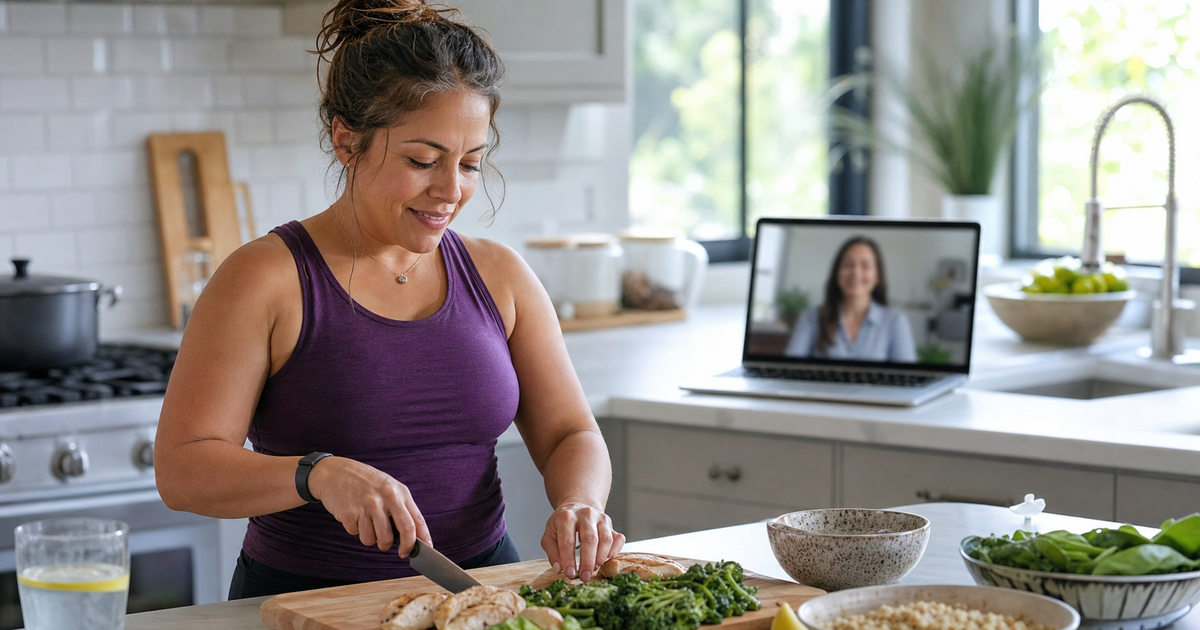 Woman preparing a protein-forward meal during a blurred telehealth check-in