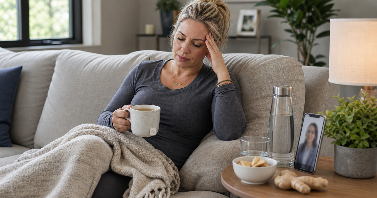Patient resting with tea, water, and a blurred provider message