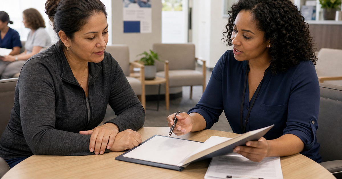 Patient discussing clinical trial paperwork with a research coordinator