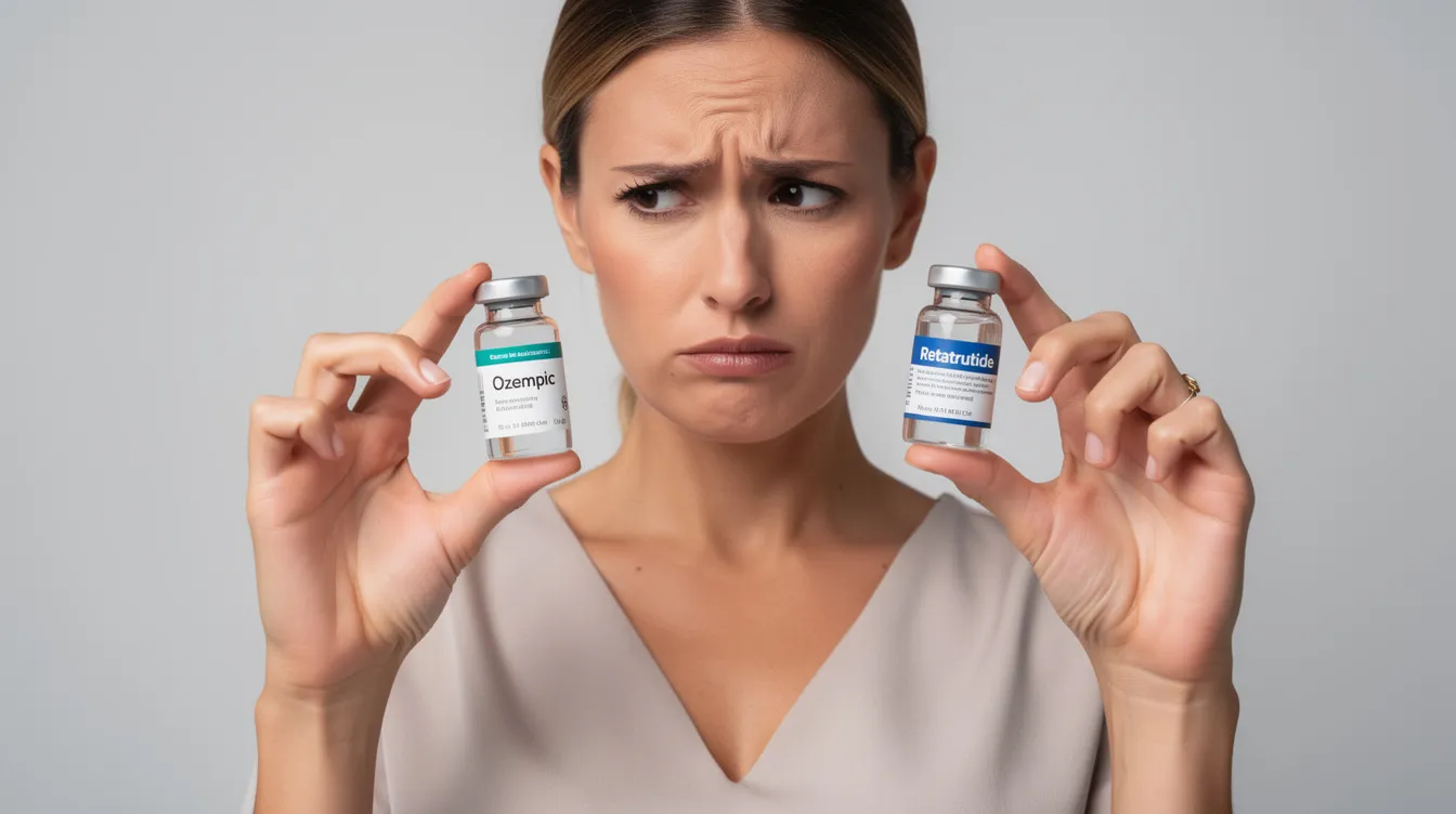 A woman is standing with a vial of Ozempic in one hand and a vial of retatrutide in the other, appearing contemplative as she considers her options for weight loss treatment. Her expression reflects the importance of making a decision for effective weight management and blood sugar control in her weight loss journey.