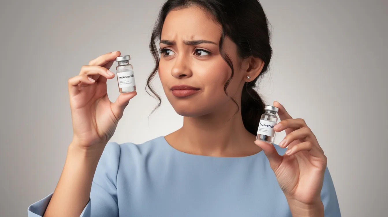 A woman with a curious expression holds a vial of retatrutide in one hand and tirzepatide in the other, symbolizing the exploration of new weight loss drugs undergoing clinical trials. The image highlights the ongoing research into these investigational drugs and their potential for significant weight loss and improved metabolic health.