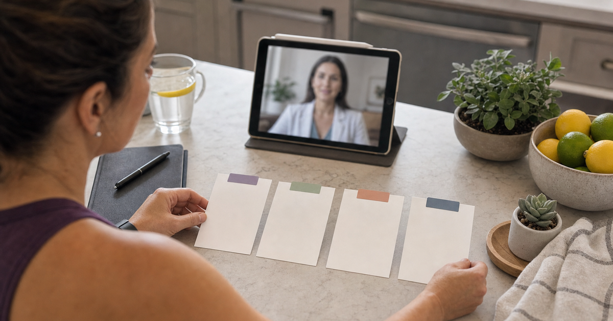 Patient sorting unlabeled medication comparison cards during telehealth consult