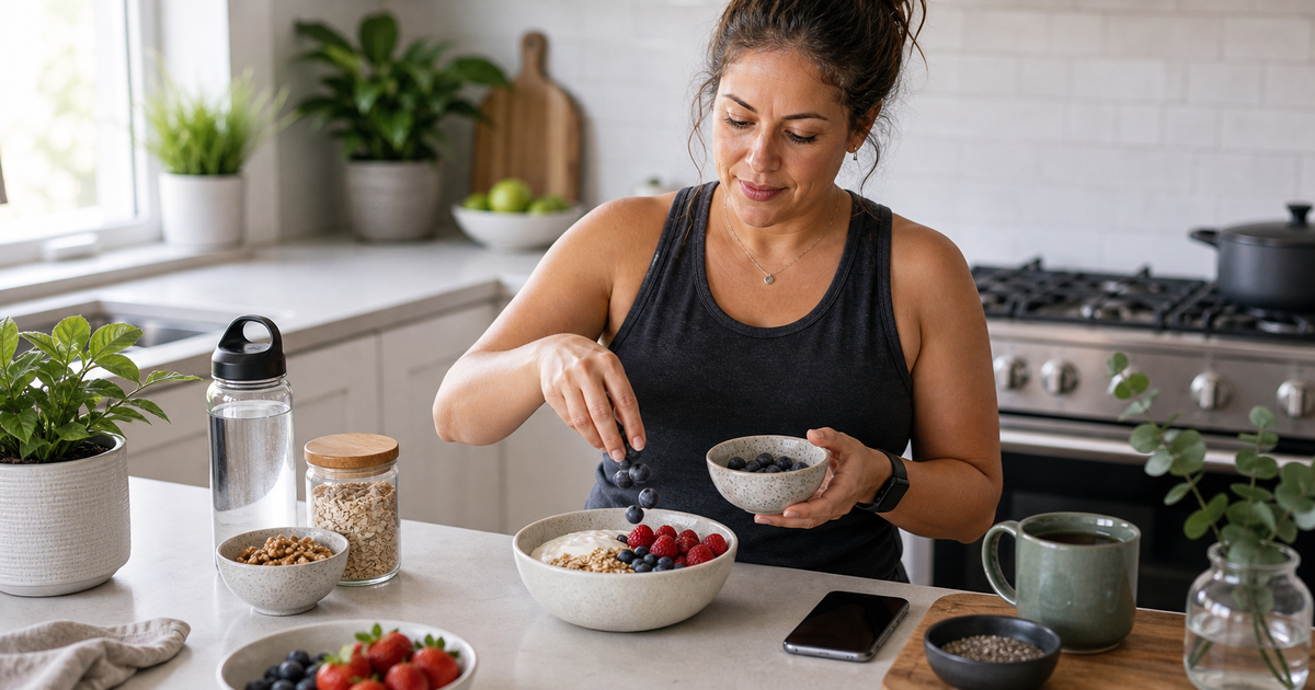 Woman preparing fiber-rich breakfast with water and provider follow-up nearby