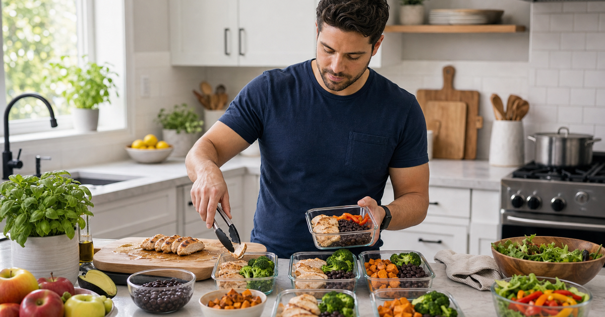 Man portioning protein-forward meal prep on a kitchen counter