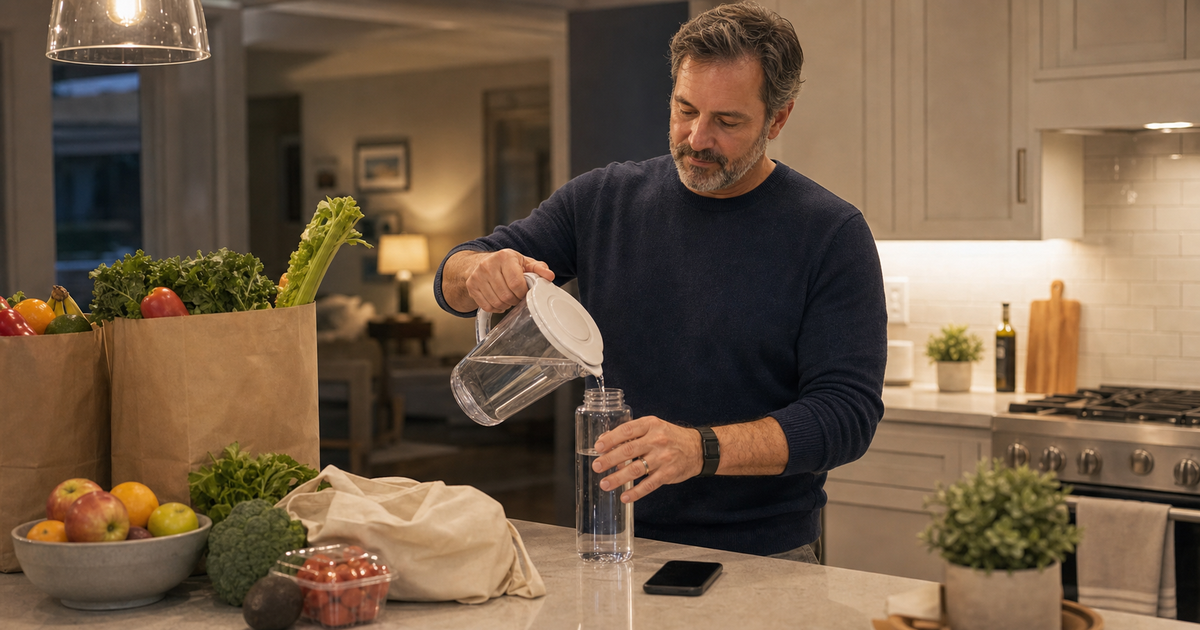 Man putting away groceries and filling a water bottle at home