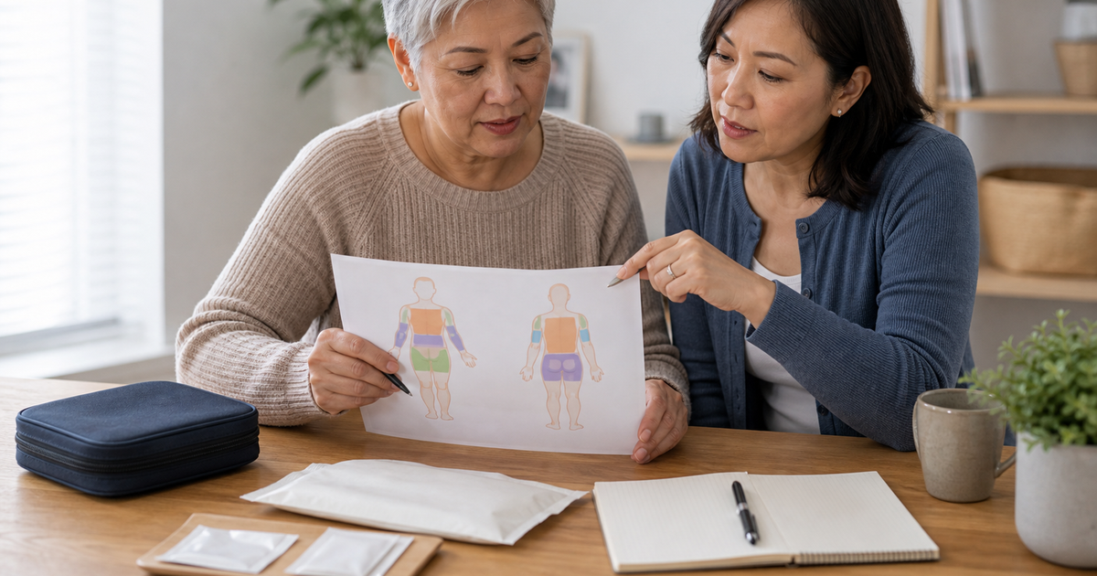 Patient and caregiver reviewing an unlabeled injection-site rotation card