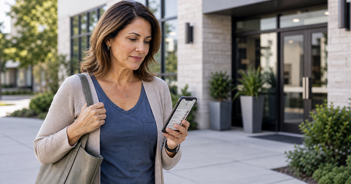 Woman checking provider options outside a generic medical office entrance