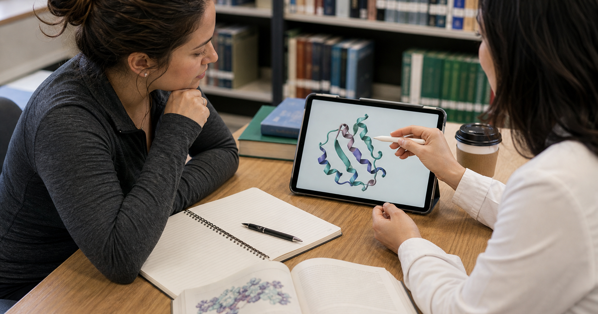 Clinician and patient reviewing an abstract peptide model in a medical library