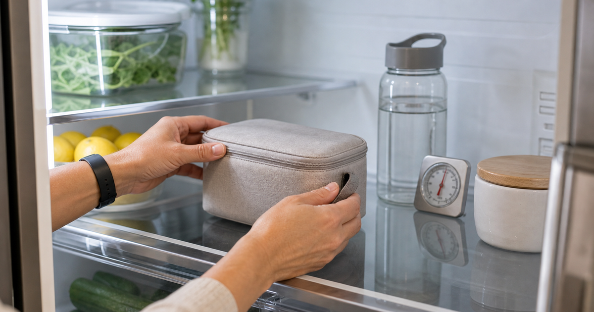 Hands placing a plain medication pouch on a clean refrigerator shelf