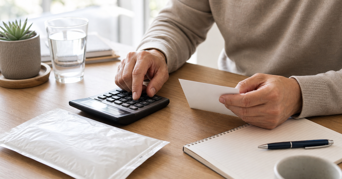 Hands using a calculator beside a blank pharmacy instruction card