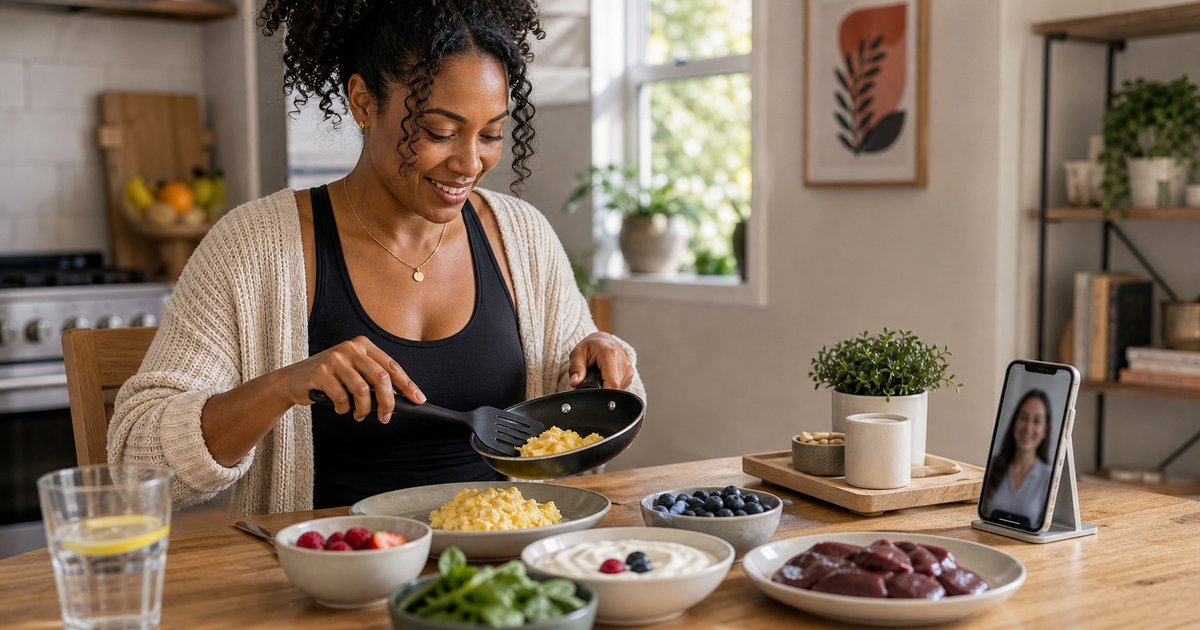 Woman preparing B12-rich breakfast foods beside a blurred provider message