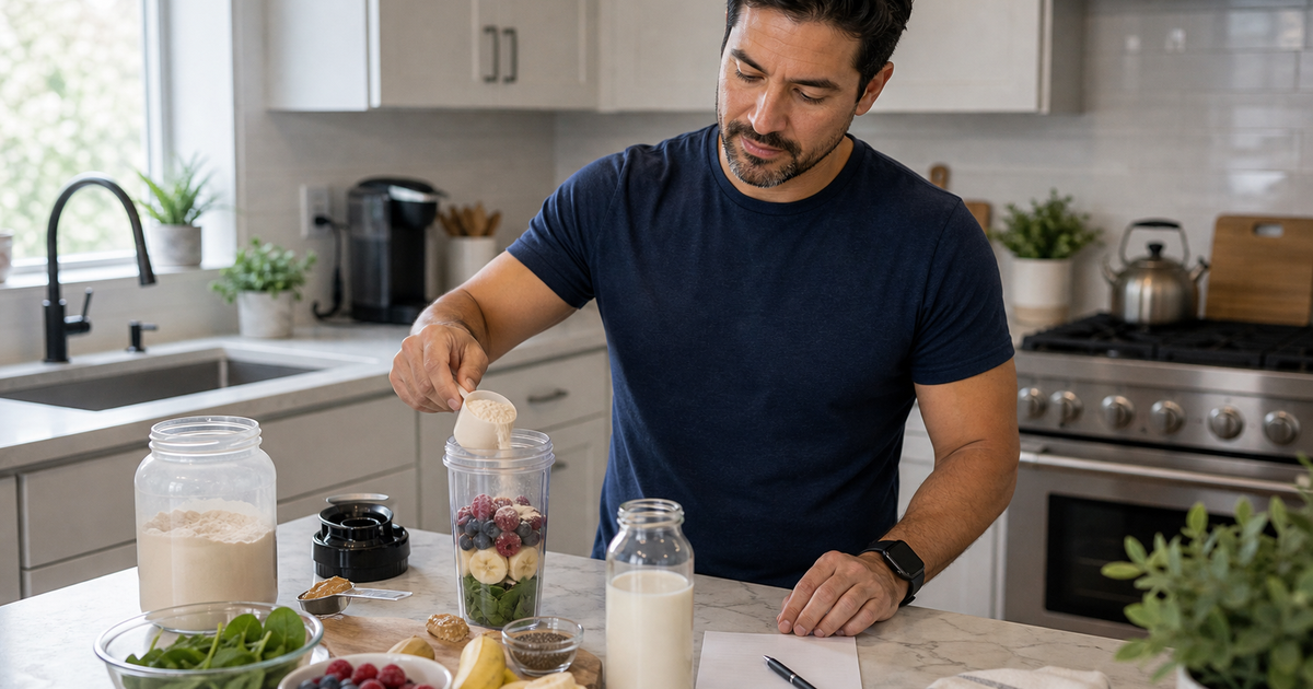 Man mixing a protein smoothie beside an unlabeled care-plan card