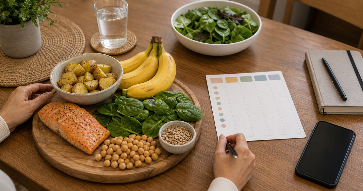 Hands arranging B6-rich foods beside a blank care-plan card