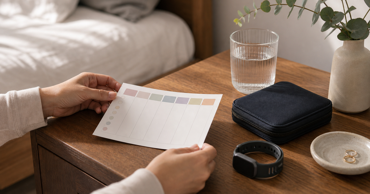 Hands reviewing a sermorelin routine card beside a sleep tracker