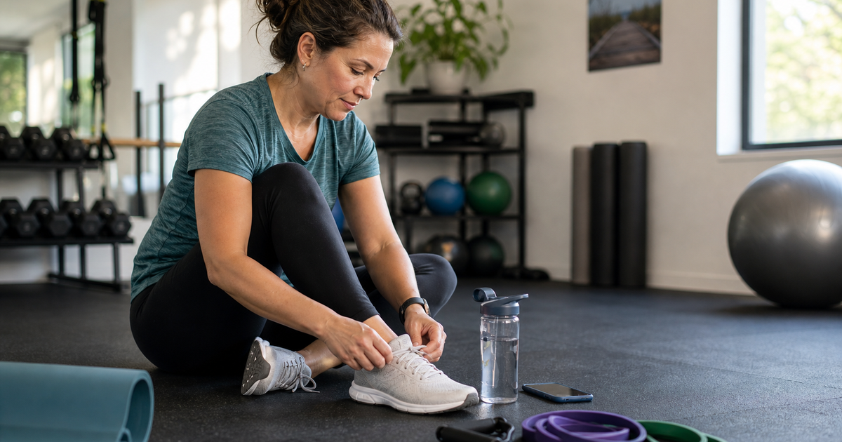 Woman tying walking shoes beside resistance bands and water