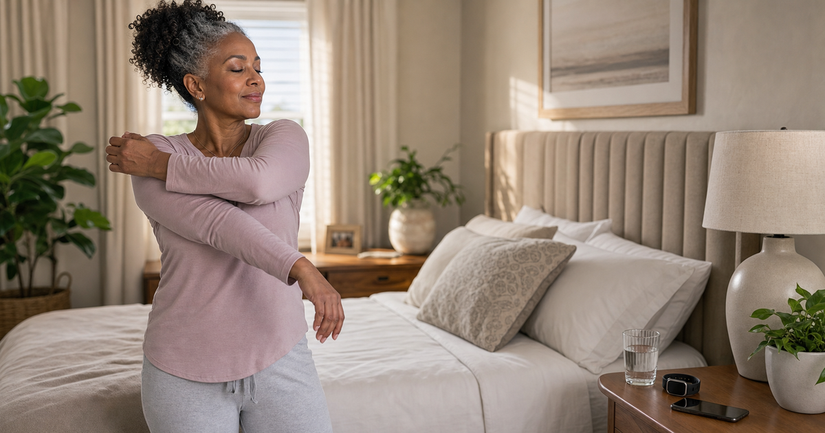 Woman stretching in a bedroom beside water and a sleep tracker