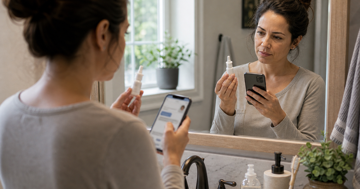Woman holding a capped nasal spray while checking provider follow-up