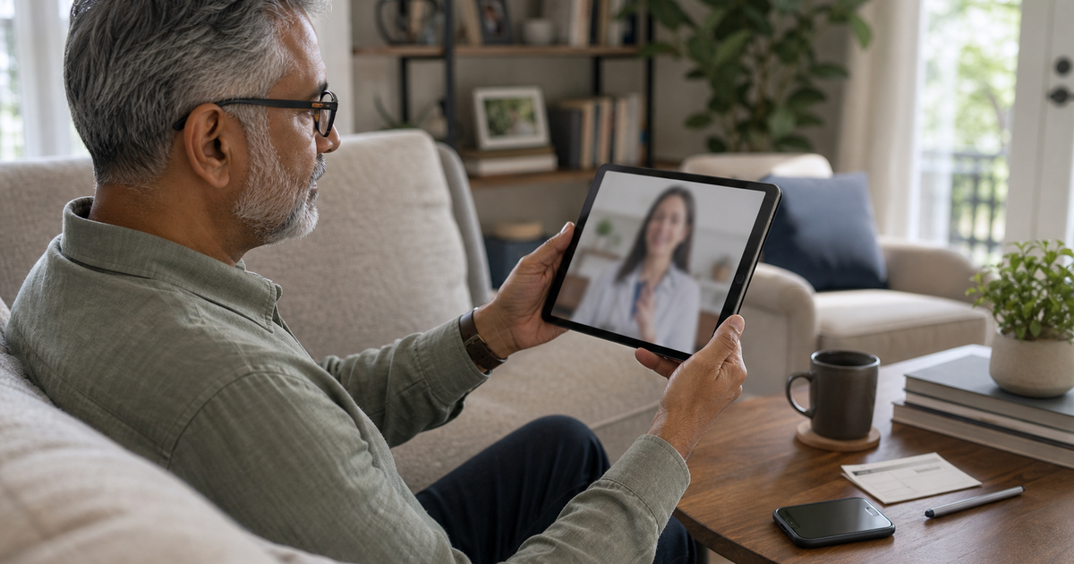 Man using a tablet for a sermorelin telehealth check-in at home